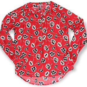 Y2K JUICY COUTURE BRIGHT RED BLACK FLOWER PRINT LONG SLEEVE TOP BLOUSE SHIRT S